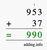 Calculate 953 + 37 using long addition