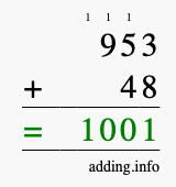 Calculate 953 + 48 using long addition