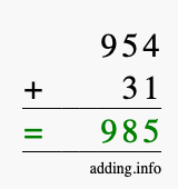 Calculate 954 + 31 using long addition