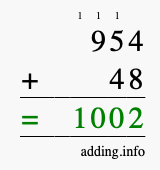 Calculate 954 + 48 using long addition
