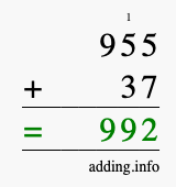 Calculate 955 + 37 using long addition