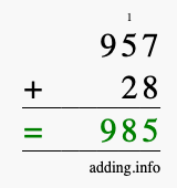 Calculate 957 + 28 using long addition