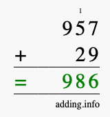 Calculate 957 + 29 using long addition