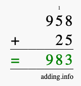 Calculate 958 + 25 using long addition