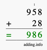 Calculate 958 + 28 using long addition