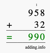 Calculate 958 + 32 using long addition