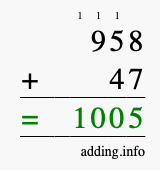 Calculate 958 + 47 using long addition