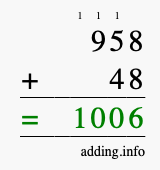 Calculate 958 + 48 using long addition