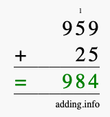Calculate 959 + 25 using long addition