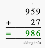 Calculate 959 + 27 using long addition