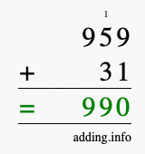 Calculate 959 + 31 using long addition