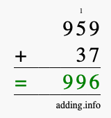 Calculate 959 + 37 using long addition