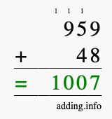 Calculate 959 + 48 using long addition