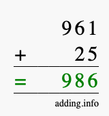 Calculate 961 + 25 using long addition