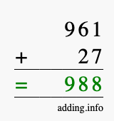 Calculate 961 + 27 using long addition