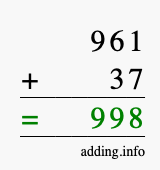 Calculate 961 + 37 using long addition