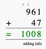 Calculate 961 + 47 using long addition