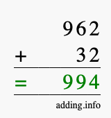Calculate 962 + 32 using long addition
