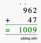 Calculate 962 + 47 using long addition