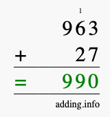 Calculate 963 + 27 using long addition