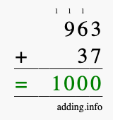 Calculate 963 + 37 using long addition