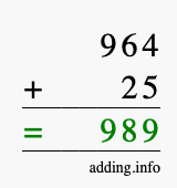 Calculate 964 + 25 using long addition