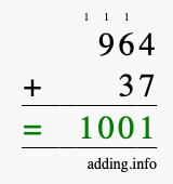 Calculate 964 + 37 using long addition