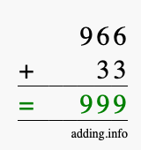 Calculate 966 + 33 using long addition