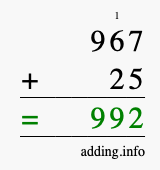 Calculate 967 + 25 using long addition