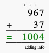 Calculate 967 + 37 using long addition