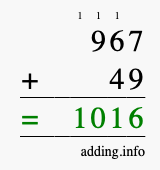 Calculate 967 + 49 using long addition
