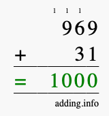 Calculate 969 + 31 using long addition