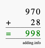 Calculate 970 + 28 using long addition