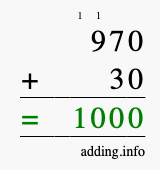 Calculate 970 + 30 using long addition