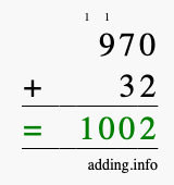 Calculate 970 + 32 using long addition
