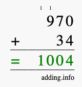 Calculate 970 + 34 using long addition