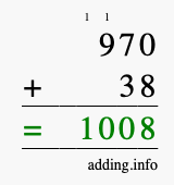 Calculate 970 + 38 using long addition