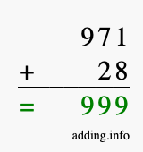Calculate 971 + 28 using long addition
