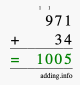Calculate 971 + 34 using long addition