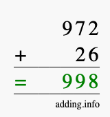 Calculate 972 + 26 using long addition