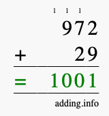 Calculate 972 + 29 using long addition