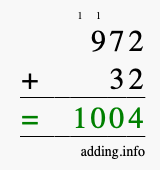 Calculate 972 + 32 using long addition