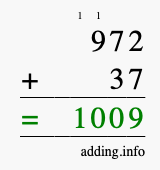 Calculate 972 + 37 using long addition