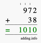 Calculate 972 + 38 using long addition