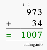 Calculate 973 + 34 using long addition