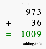Calculate 973 + 36 using long addition