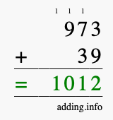 Calculate 973 + 39 using long addition