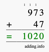 Calculate 973 + 47 using long addition