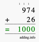 Calculate 974 + 26 using long addition