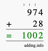 Calculate 974 + 28 using long addition